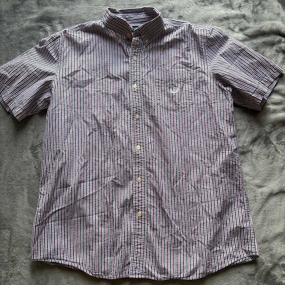 Chaps Button Down Shirt Mens Blue White Striped Seersucker Short Sleeve Sz Large